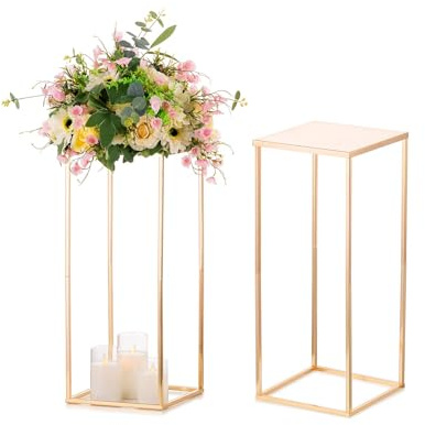 Sziqiqi Wedding Centerpieces Vase For Tables With Plates - 2 Pcs Metal Column Geometric Flower Stand 23.6in Gold Flower Display Rack Decorations For T-Stage Reception Party Fiesta Event Home Christmas