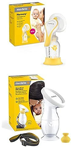 Medela Set Handmilchpumpe Harmony und Medela Muttermilch-Auffangbehälter für stillende Mütter