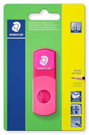 STAEDTLER Temperino con gomma, rosa fluo, senza ftalati e lattice, per penne standard, richiudibile, temperamatite 2 in 1 su carta blister, 511SEF20BK