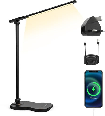 LONGTOO Desk Lamp, Dimmable Eye-Caring Table Lamp,Foldable Desk Light with USB Charging Port,5 Color ×5 Brightness Levels,Touch Control,Timable Desk Lamp for Study Office Bedroom,with Power Adapter