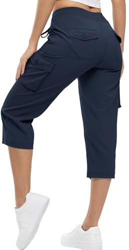 YSENTO Womens Shorts Walking Cargo 3/4 Length Hiking Shorts Lightweight Summer Capri Cropped Outdoor Pants with Multi Pockets(Navy,L)