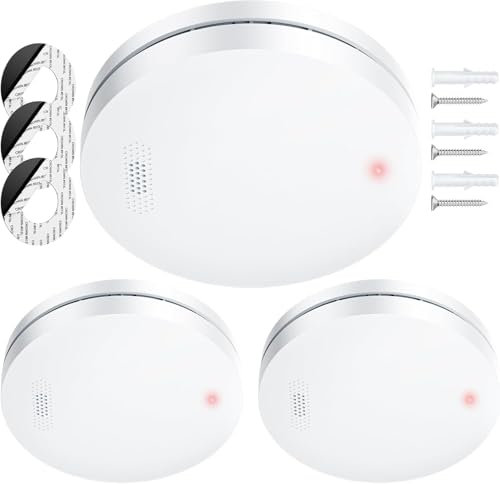 Detector de Humo 2024, Alarma de Incendio con Batería de 10 Años, Alarma de Incendio, Sin perforación, 85dB, Detector de Humo, Interconectable - 3 Piezas