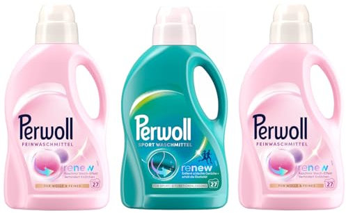 PERWOLL Flüssig-Set 3x 27 Waschladungen (81WL) 2x Für Wolle & Feines & 1x Sport, Feinwaschmittel glättet und erneuert Fasern & Hygiene Waschmittel reinigt sanft, entfernt schlechte Gerüche