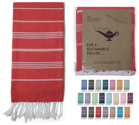 Mystic Imports Turkish Beach Towel 100% Organic Cotton Extra Large Oversized (39 x 71 Inches) Quick Dry Sand Free Light Weight Prewashed for Bath Beach Gym Yoga Travel Towel Blanket (Red)