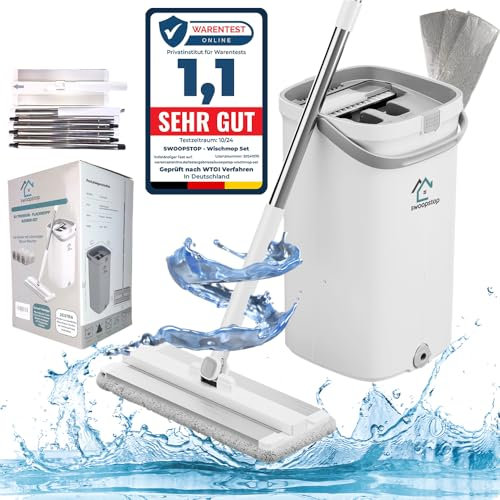Swoopstop S2 Wischmopp Set mit Eimer-Innovativer 2 Kammer Eimer-Passt für jeden Bodenarten-Bodenwischer mit bis zu 1,98 verlängerte Edelstahlstil-3x Mikrofaserpads