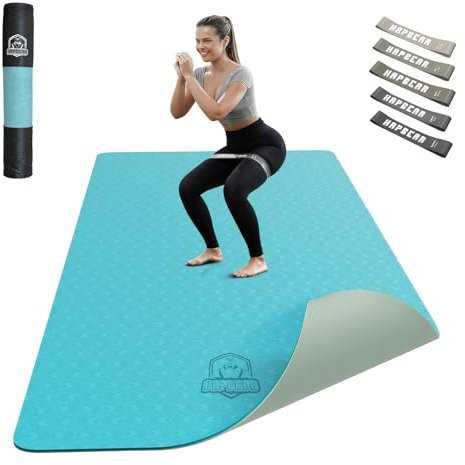 HAPBEAR Yogamatte XXL-183cmx91cmx6mm Dicke, Extra Groß Rutschfest Breit Yoga Matte, Gymnastikmatte Sportmatte Fitnessmatte,TPE Matte Trainingsmatte,Inklusive Resistance Bands & Tragetasche Türkis