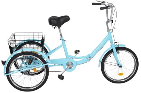 KumuJ Trehjuling för vuxna, 20 tums enkel hastighet 3-hjulscykel, för vuxna trehjuling lastcykel seniorcykel med inköpskorg, stötdämpande däck, halkskydd (blå)