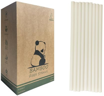8mm Nature Disposable Bamboo Straws, Compostable Bamboo Fiber Drinking Straws for Juice Coffee Cocktail (8.25inch Long, 200 Pack)