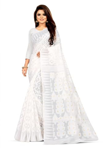Denmous röda och silver etniska motiv broderade pärlor och stenar ren Georgette sari - 16784390MRN, Vitt, en storlek