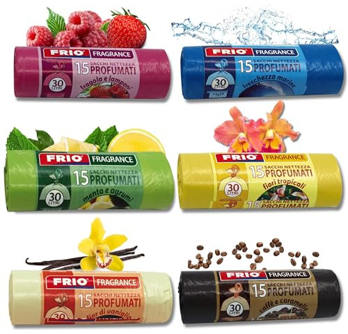 FRIO Multifrutti - 90 Sacchetti spazzatura 30 Litri Profumati, 6 Confezioni da 15 Sacchi immondizia con 6 aromi, colori assortiti - 52x58 cm - Buste per pattumiera resistenti, piccoli, differenziata