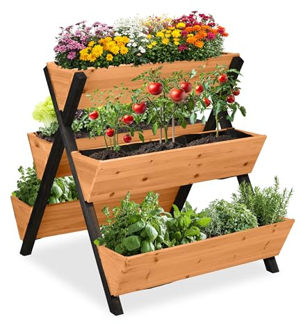 Relaxdays Huerto Urbano Elevado, Madera, 82x75x90 cm, Jardinera Vertical 5 Maceteros, Cama Jardín, Balcón, Naranja/Negro