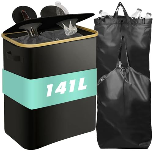 141L Collecteur de Bouteilles avec Couvercle, Poubelle Recyclage Perforé avec 2 Compartiments et 2 Sacs de Transport, Pliable, pour Trier Bouteilles Vides, Verre, Noir