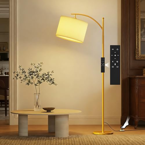 GLUROO Gyllene Golvlampa med FjäRrkontroll,Modern StåEnde Lampa med 3 FäRgskiftande,SteglöS Ljusstyrka,HöGa Lampor med Dimbar GlöDlampa för Sovrum I Vardagsrummet,Kontor