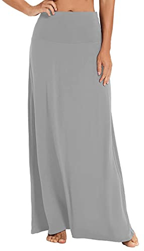 EXCHIC Mujer Cómoda Elástica Cintura Alta Maxi Falda Boho A-Line Largas Yoga Faldas (L, Gris Claro)