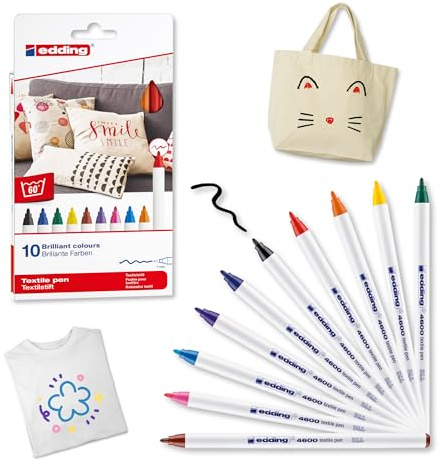 edding 4600 Marcatore per Tessuti - Per scrivere, colorare e disegnare sulla stoffa e.g. t-shirt e cuscini - Resistente ai lavaggi - Set 10 colori Fun - Tratto 1 mm