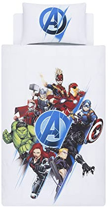 Disney Home Marvel Avengers Reversible Two Sided Duvet Cover Set, Iron Man Spiderman Captain America Hulk, 100% Cotton, Single Size, 2 pieces, Multi Coloured, 135x200cm + 50x70cm (54 x 79 inches)