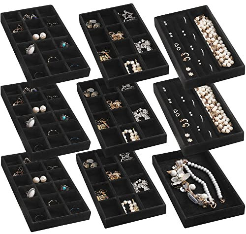 Frebeauty Vassoio organizer per gioielli, impilabile, in velluto, inserti per cassetti, orecchini, organizer per donne e ragazze, espositore per gioielli, anelli, collane, set di 9 (nero)