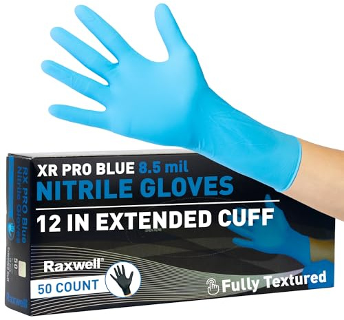 Raxwell Nitrile Gloves - Chemical Resistant Dishwashing Gloves - Textured Grip Waterproof Work Gloves - Heavy Duty Extended Cuff Protection - Large, Blue, 50 Count, 8.5 Mil