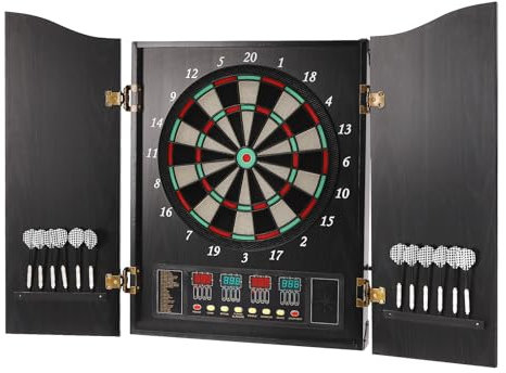Elektronische Dartboard Schrank Dartscheibe mit bis zu 16 Spieler, Dartscheibe Elektronisch mit 12 Dartpfeil und 88 Pfeilkopf 27 Spiele 243 Spieloptionen, Dekorative Dartscheibe Schrank Set, Schwarz