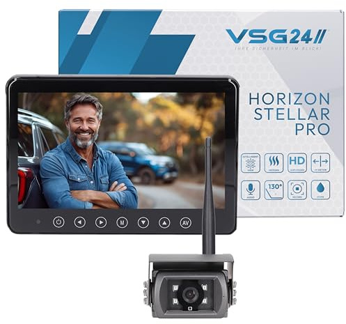 VSG24 Horizon STELLAR PRO 7 Funk Rückfahrkamera Set – Wetterfeste IP69K Kamera mit integrierter Heizung & Mikrofon, 130° Weitwinkel, Nachtsicht, 1080P HD digital Multiscreen - zum nachrüsten