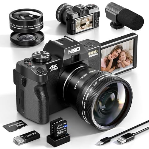 NBD Digitalkamera 4 K 48 MP Autofokus mit Weitwinkelobjektiv und Makro, 16-facher Zoom, 32 GB Karte und Mikrofon, Filmbildschirm 3,0 Zoll 180°, Kompaktkamera für Anfänger NBD-U-2409 (Schwarz)