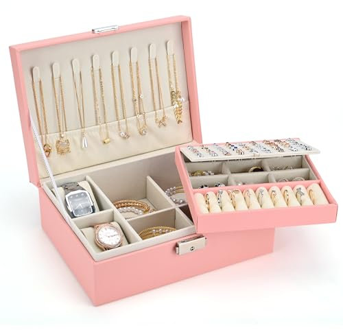 Sofore Sakura Rose - Scatola per gioielli da donna, grande portagioie a 2 strati, con 2 cuscini per orologio, in pelle PU, organizer per gioielli da viaggio, per orecchini, anelli, collane, orologio
