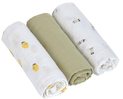 LÄSSIG Puck manta de bebé pañales muselina set de 3 piezas algodón 85 x 85 cm/Swaddle & Burp Blanket L Happy Fruits Lemon