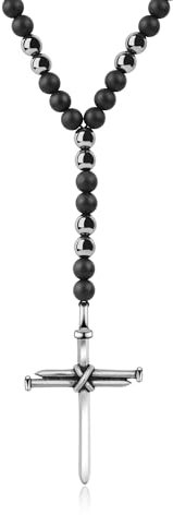 GAVU Männer Rosenkranz Y-Halskette mit Kreuzanhänger Perlenkette aus schwarzem Onyx und Hämatit für Herren