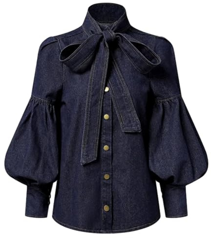 Yeuyyben Blusas Tops de Imitación Vaquera para Mujer Mangas Largas Abombadas con Adorno de Lazo Cuello Alto Camisas para Mujer, azul vaquero, XL