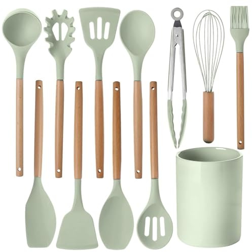 Set di 12 utensili da cucina in silicone con manici in legno, resistenti al calore, antiaderenti, con pinze, spatola, cucchiai e secchio, lavabili in lavastoviglie, per casa e campeggio (12, verde)
