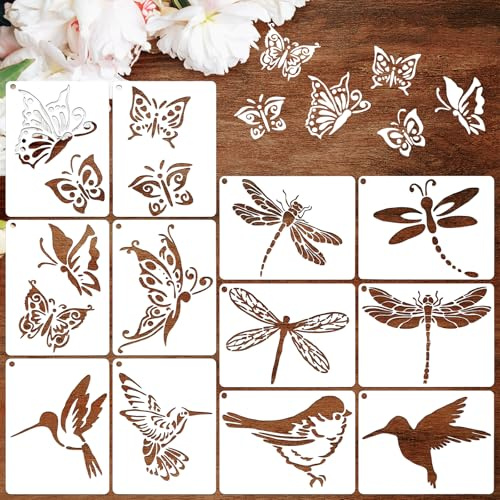 JSRQT 12 Piezas Plantillas para Pintar Primavera, Plantillas de Pintura,Stencil Reutilizables para Pintar en Madera Lienzo Muebles Paredes, 14.2 x 10.4 cm