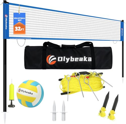 32FT Outdoor Portable Volleyball Net Set with 4 Adjustable Height Poles | Easy Setup Volleyball Net System with Carry Bag for Backyard Beach and Grass