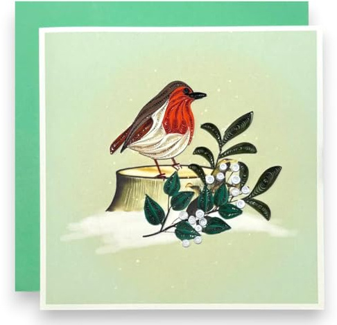HAIANCO Handmade Quilling Christmas Card 3D Robin Bird on Tree Stump with Winter Leaves and Berries Green Envelope Blank Inside Holiday Greeting for Friends and Family