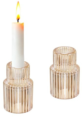 sourcing map 2 portavelas de cristal cónico, 1.4 pulgadas, vintage, acanalado, candelabro pequeño para centros de mesa de boda, fiestas, decoración del hogar, ámbar
