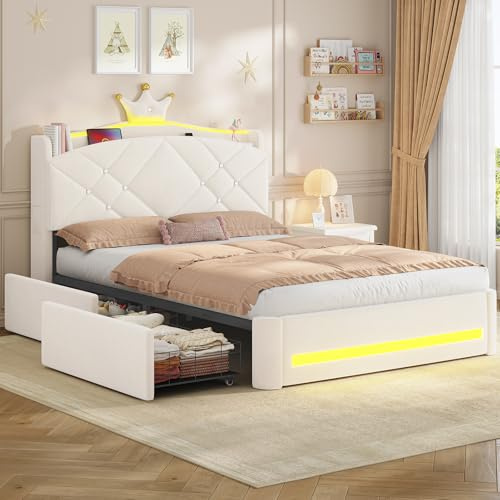 AOGLLATI Lit Double avec Design Couronne, LED, Multiprise et 2 Tiroirs