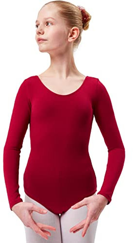 tanzmuster ® Ballettanzug Mädchen Langarm - Lilly - aus Baumwolle, Ballettbody Kinder Ballett Trikot in burgunder, Größe 140/146