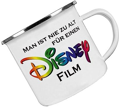 Crealuxe Emaille Tasse Man ist nie zu alt für einen Disneyfilm - Kaffeetasse mit Motiv, Campingtasse, bedruckte Emailletasse mit Wunschtext