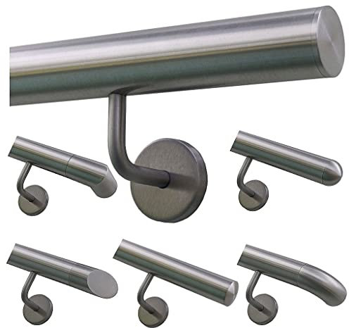 TIBU Handlauf Geländer Edelstahl Ø 42,4 mm - Länge 80 cm - Ende gerade Kappe und gewinkelte Halter - Rostfrei für Außen und Innen