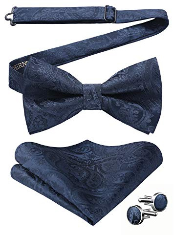 HISDERN Bow Ties for Men Navy Bow Tie Pretied Bowtie Set Navy Blue Paisley Tuxedo Classic Formal Bowties and Pocket Square Cufflinks for Party