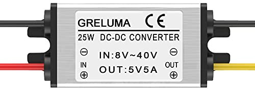 Greluma 1 Pc DC 12v 24v à 5v Convertisseur Abaisseur Régulateur 5A 25W Adaptateur Secteur Réducteur pour Voiture électronique Camion Véhicule Bateau Système Solaire (Entrées DC 8-40V)