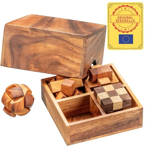 Caja de Juego de Rompecabezas Zederello con 4 Juegos de lógica en Embalaje de Madera, Juego de Rompecabezas con Rompecabezas, Pensamiento, colección de Rompecabezas, Rompecabezas 3D