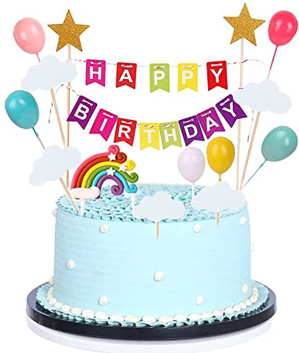 MEMOVAN Rainbow Cake Topper 15pcs Happy Birthday Cake Flag Banner, Colorful Rainbow Clouds Balloon Ball Cake Cupcake Topper Colorful Rainbows Cake Decoration for Boys Girls Birthday Baby Shower Party