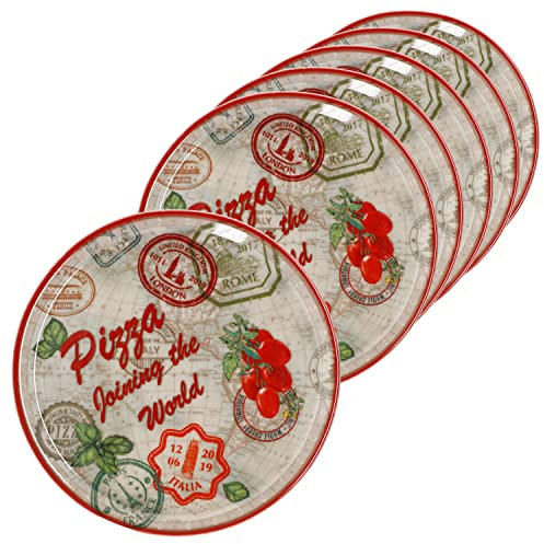 MamboCat 6er Set Pizzateller Rom rot Ø 31,5 cm I Servier Platten mit Motiven I Vorspeisenplatten zum Anrichten für Antipasti oder Tomate-Mozzarella I bunte Porzellanteller für Pizza Pasta & Co