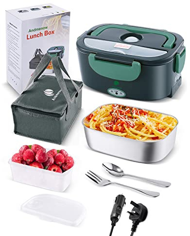 Andmenow 80W Faster Electric Lunch Box Update, Home Office Truck Car Food Warmer, Portable Food Heater with 304 Stainless Steel Container, Spoon & Fork and Carry Bag (GreyGreen)