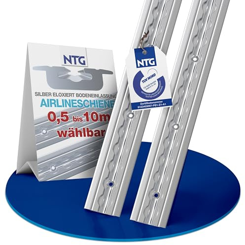 NTG Aluminium Airlineskena 2 st. 2 m/1975 mm 1 st 1 m TÜV-certifierad– infällbar som golvprofil – släpvagnstillbehör, lastsäkring, lastskena, aluminiumskena, lasttransporter – m. Borrningar, silver