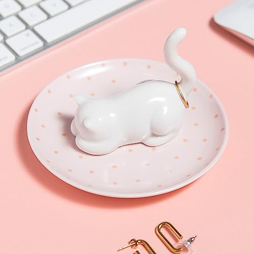 Lynagert Portaanelli a forma di gatto, in ceramica, per anelli, orecchini, organizer, regalo divertente a tema per amanti dei gatti, mamma, compleanno delle donne
