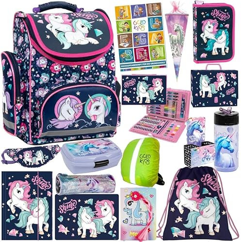 Goldkids Einhorn Schulranzen XXL Set 16er Ranzen Tornister Federmappe Turnbeutel Gummizugmappe Zuckertüte Brotdose Trinkflasche Aufgabenheft Aktentasche Unicorn Motiv