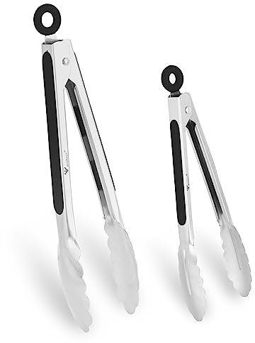WINPOST Set di 2 pinze da cucina in acciaio inox, 21 cm, 27 cm, manico antiscivolo resistente al calore, ideali per cucinare, insalata, grigliare e barbecue (21 cm + 27 cm, nero)