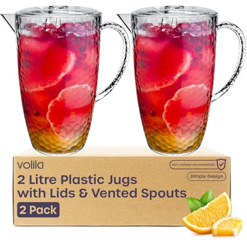 Plastic Jug 2L (2 Pack) Cocktail Jugs, Plastic Pitcher Jug and Lids with Vented Spout - Perfect for Picnics, BBQ, Garden Parties & Juices, Lemonade - Opaque Design