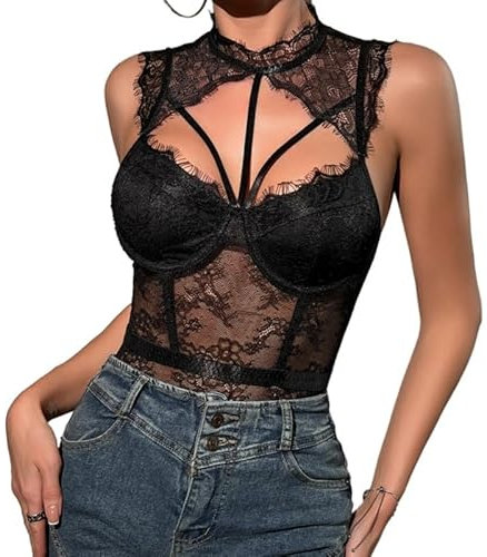 Haibang Body Damen Sexy Spitze Mesh Bodysuit Spaghettiträger Transparenter Bodys Cut Out Floral Lace Rückenfrei Oberteil Slim Fit Jumpsuit Elegant Netz Unterziehbody Blusebody Mode Cami Top Clubwear
